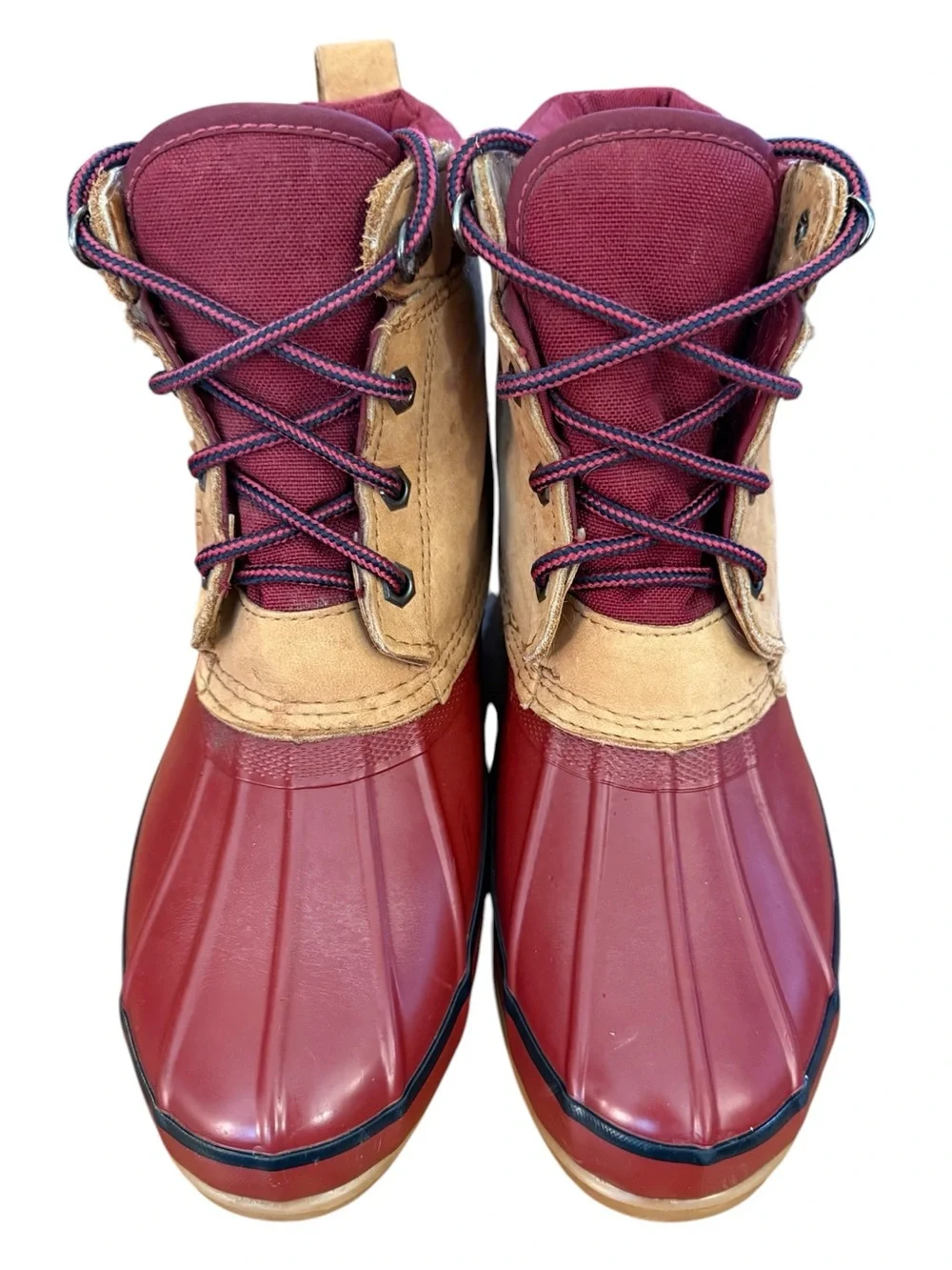 Lands' End Women's 9M Waterproof Duck Boots Burgundy Maroon Tan Leather Lace Up